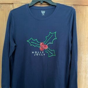 NWOT Kim Rogers Perfectly Soft Navy Sequin Christmas Tee M